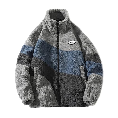 Herren Patchwork Pullover Lange Ärmel Teddyfleece Durchgehender Reißverschluss Lässiger Sherpa Shacket Fluffy Zur Seite Fahren Pullover Stehkragen Jacken(Grey,M) von FEegar