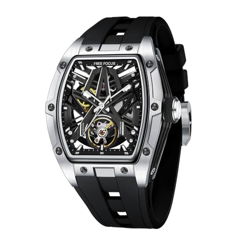 Free Focus FF Einzigartige Herrenuhren, automatische mechanische Uhr, luxuriöse, hohle Tonneau-Uhren für Herren mit Edelstahlgehäuse und Silikonband (selbstaufziehendes Uhrwerk, 3 ATM wasserdicht, Free Focus FF Einzigartige Herrenuhren, automatische mechanische Uhr, luxuriöse, hohle Tonneau-Uhren für Herren mit Edelstahlgehäuse und Silikonband (selbstaufziehendes Uhrwerk, 3 ATM wasserdicht, von FF FREE FOCUS