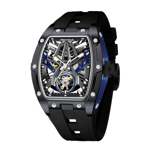 Free Focus FF Einzigartige Herrenuhren, automatische mechanische Uhr, luxuriöse, hohle Tonneau-Uhren für Herren mit Edelstahlgehäuse und Silikonband (selbstaufziehendes Uhrwerk, 3 ATM wasserdicht, von FF FREE FOCUS