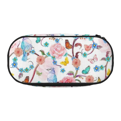 FFCVZAA Romantisches, ausgefallenes Federmäppchen mit Blumenmotiv und Vögeln und Schmetterlingen, Reise-Make-up-Tasche, für Schule, Studenten, Kulturbeutel, Schwarz , Einheitsgröße, Taschen-Organizer von FFCVZAA