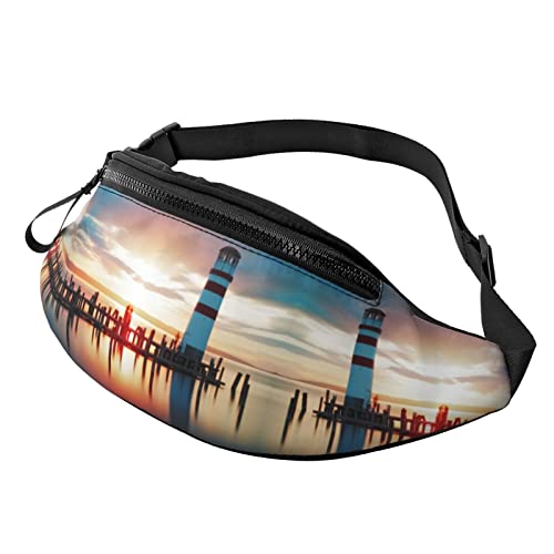 Schöner Strand Sonnenuntergang Druck Herren und Damen Freizeit Sport Hüfttasche Outdoor Sport Bauchtasche Alltag Casual Brusttasche, Seaside Leuchtturm-Druck, Einheitsgröße von FFEXS