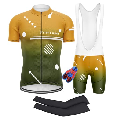 FFFF & OLFEH Herren Radtrikot Kurzarm-Set, Fahrrad Bekleidung Set mit Armstulpen, Radsport Outfit für Herren Schnelltrocknend Atmungsaktiv mit 9D Sitzpolster Radhose Radtrikots + Armlinge (XL,1) von FFFF & OLFEH