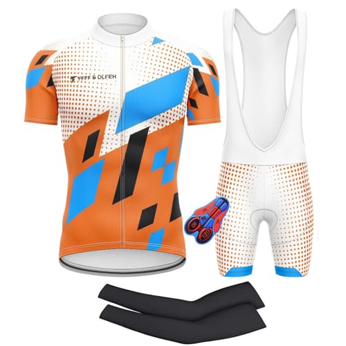 FFFF & OLFEH Herren Radtrikot Kurzarm-Set, Fahrrad Bekleidung Set mit Armstulpen, Radsport Outfit für Herren Schnelltrocknend Atmungsaktiv mit 9D Sitzpolster Radhose Radtrikots + Armlinge (XL,17) von FFFF & OLFEH