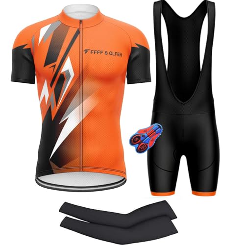 FFFF & OLFEH Herren Radtrikot Kurzarm-Set, Fahrrad Bekleidung Set mit Armstulpen, Radsport Outfit für Herren Schnelltrocknend Atmungsaktiv mit 9D Sitzpolster Radhose Radtrikots + Armlinge (XL,21) von FFFF & OLFEH