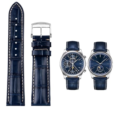 FFHDJL 19 20 21 mm Armband für Longines Masters Collection L3 L4 L2.628/L2.673 Uhrenarmband aus Rindsleder mit Schmetterlingsschnalle(Blue silver pin,19mm) von FFHDJL