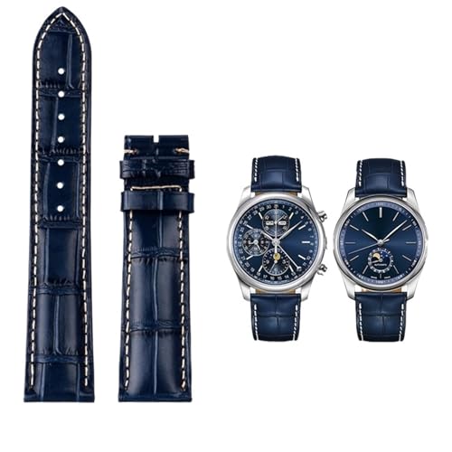 FFHDJL 19 20 21 mm Armband für Longines Masters Collection L3 L4 L2.628/L2.673 Uhrenarmband aus Rindsleder mit Schmetterlingsschnalle(Blue without buckle,19mm) von FFHDJL