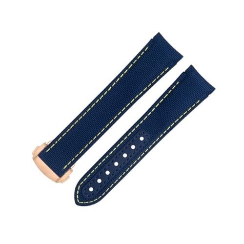 FFHDJL 20 mm gebogenes Uhrenarmband für Omega-Armband AT150 Seamaster 300 Planet Ocean De Ville Speedmaster Yellow Line High-Density-Nylon-Rindsleder-Uhrenarmbänder(Blue 3) von FFHDJL