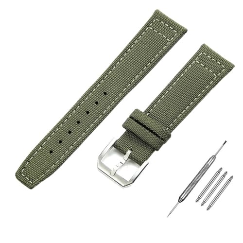FFHDJL 20mm 21mm 22mm Nylon Canvas Armband für IWC PILOT Portugal PORTOFINO Stoff Uhrenarmband Faltschließe Rindsleder Gürtel(Army Green-silver,21mm) von FFHDJL