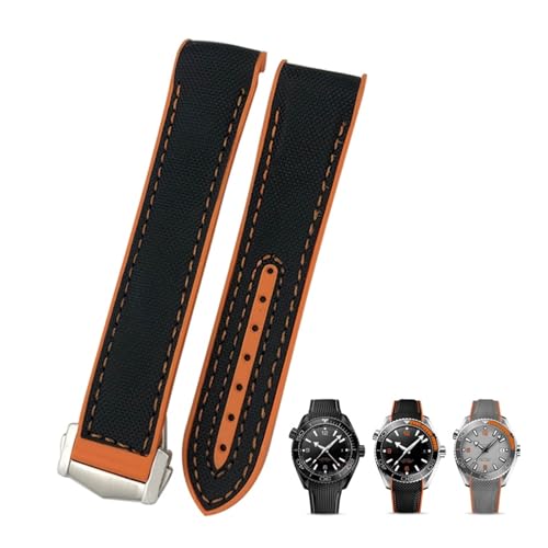 FFHDJL 20mm 22mm Gummi-Nylon-Lederarmband passend für Omega Seamaster Diver 300 Planet Ocean 600M Seiko Orange Uhrenarmband(Black orange nylon,22mm) von FFHDJL