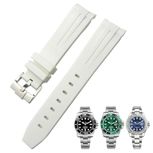 FFHDJL 21mm 22mm gebogenes Ende Gummi-Silikon-Uhrenarmband für Rolex Submariner 20mm Daytona wasserdichtes Uhrenarmband(White white line,21mm) von FFHDJL