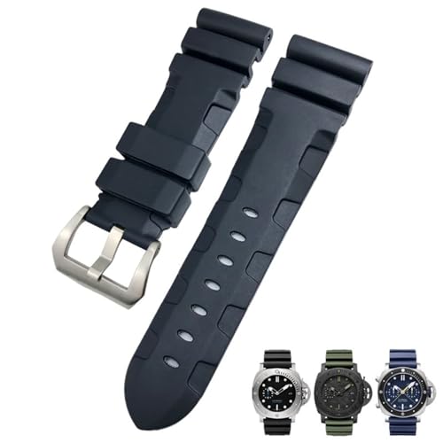 FFHDJL 26mm 24mm Natur Gummi Armband Fit für Panerai PAM Silikon Rot Blau Uhr Armband Wasserdichte Armbänder Werkzeuge(Black silver,26mm) von FFHDJL