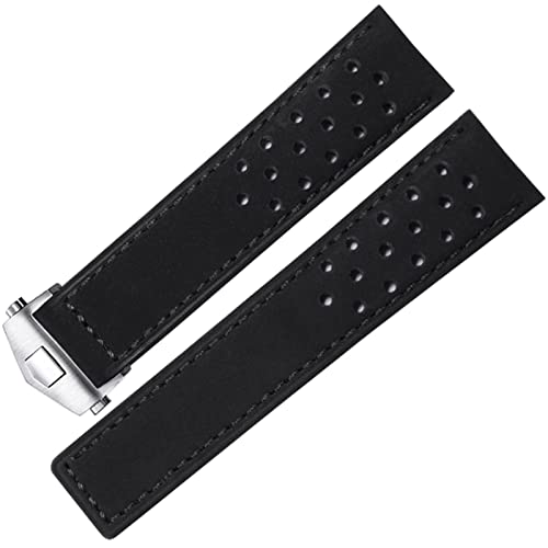 FFHDJL Echtes Leder -Uhrband für SCHILD Heuer Uhrengurt Klappschnalle 20mm 22 mm Kuhleder Uhrenbandbänder(Black-silver,20mm) von FFHDJL