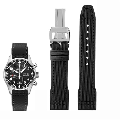 FFHDJL Hochdichtes Nylon-Rindsleder für IWC Mark Pilot Prince Bertolo Portugal Faltschließe-Uhrenarmband 20 21 mm Herrenarmband Nylon-Rindsleder-Uhrenarmband(Black line silver,22mm) von FFHDJL