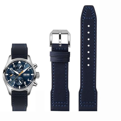FFHDJL Hochdichtes Nylon-Rindsleder für IWC Mark Pilot Prince Bertolo Portugal Faltschließe-Uhrenarmband 20 21 mm Herrenarmband Nylon-Rindsleder-Uhrenarmband(Blue line 02 SK pin,20mm) von FFHDJL