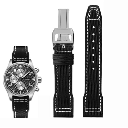 FFHDJL Hochdichtes Nylon-Rindsleder für IWC Mark Pilot Prince Bertolo Portugal Faltschließe-Uhrenarmband 20 21 mm Herrenarmband Nylon-Rindsleder-Uhrenarmband(White line silver,20mm) von FFHDJL