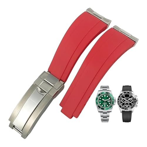 FFHDJL Uhrenarmband aus Gummi mit Stahlkopfnarbung, passend für Rolex Submariner-Armband SUB GMT Ditongna-Uhrenarmband 20 mm(Red,RoseBuckle-end) von FFHDJL