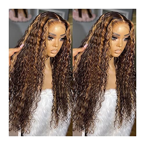 Damenperücken Haarersatz Perücken Highlight Honigblond Farbige HD Lace Frontal Perücken Lockiges Echthaar Perücke 150% Tiefe Welle Lace Front Perücken Transparente Remy Hair Lace Perücken for Frauen P von FFNUM