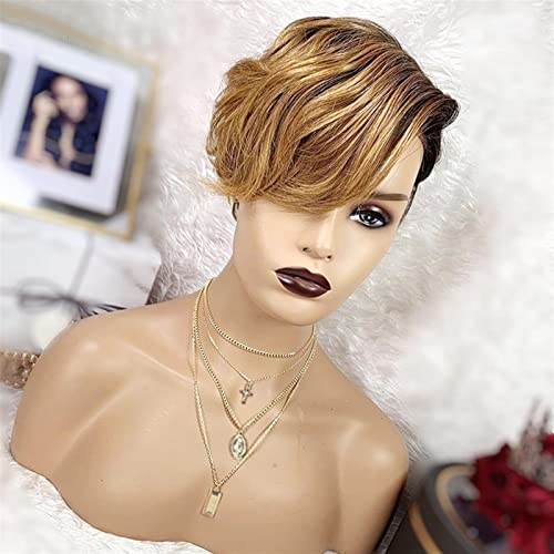 Damenperücken Haarersatz Perücken Kurz Bob Ombre Farbige Spitze Frontal Perücken Echthaar Perücken Atmungsaktiv Pixie Cut Brasilianisches Remy Haar Mittelbraun 4X4 Lace Closure Perücken for Frauen Per von FFNUM