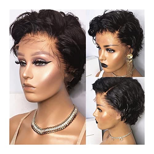 Damenperücken Haarersatz Perücken Schwarze kurze lockige Echthaarperücken Pixie Cut 4X4 Lace Closure Perücken for schwarze Frauen Kurze brasilianische Remy Hair Lace Frontal Perücken mit Babyhaar Perü von FFNUM