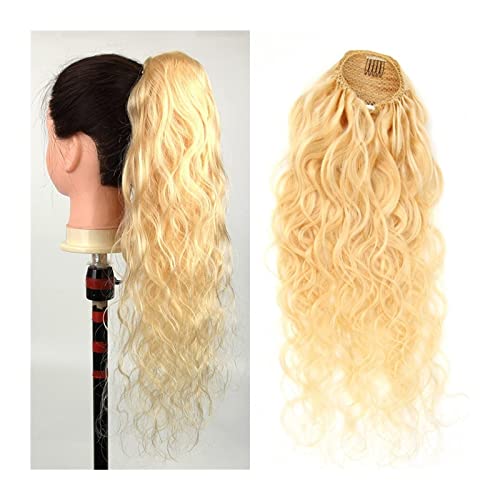 Pferdeschwanz-Erweiterung 25,4–61 cm lange Pferdeschwanz-Verlängerung, Echthaar, gewellt, blond, Kordelzug, Pferdeschwanz for Frauen, Clip-in-Pferdeschwanz-Verlängerung, lockiges, gewelltes Pferdeschw von FFNUM