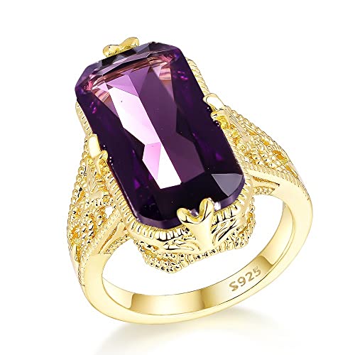 Ringe für Frauen 10 * 20 mm Big Amethyst Edelsteinring ausgehöhlt 925 Sterling Silberringe übertrieben Silberhandschmuck for Frauen für Teenager Mädchen Frauen(Gold,8) von FFNUM