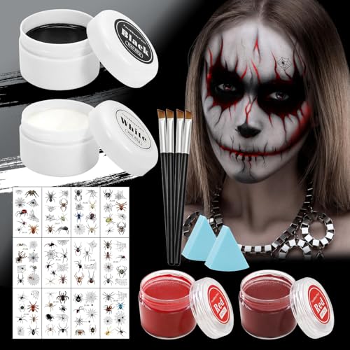 Halloween Schminke Schwarz Weiß Rot Set,50g Halloween Make Up Körperfarbe Mit Pinsel,Halloween Schminke Erwachsene Kinder für Theaterschminke Faschingsschminke MakeUp SFX Zombie Vampir von FFTANXS