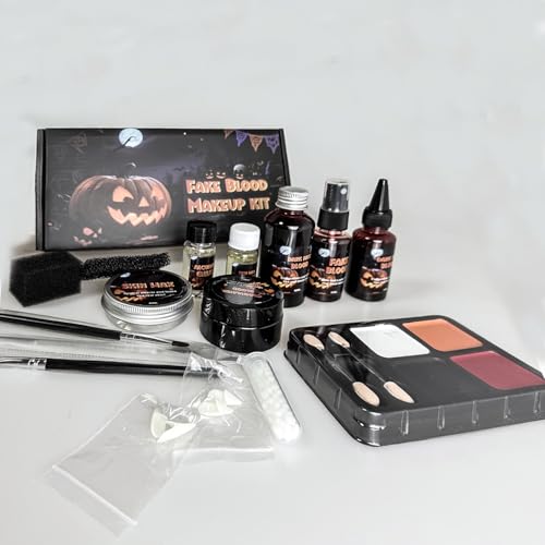 Kunstblut Halloween 16 Set,Halloween Schminke Erwachsene Kinder-60ml+30ml Fake Blood + 30ml Blut Spray + 30g Blutcreme + 40g Narbenwachs für Make up Simulierte Wunden,Zombies,Vampire,Körperfarbe von FFTANXS