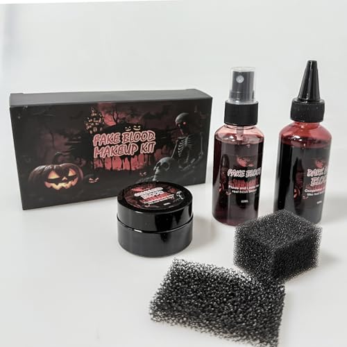 Kunstblut Halloween 5 Set,Halloween Schminke Erwachsene Kinder-60ml Waschbar Kunstblut Spray und 60ml Tropfendes Kunstblut und 30ml Blutcreme, für SFX Make up,Theaterschminke,Zombies,Vampire,Cosplay von FFTANXS
