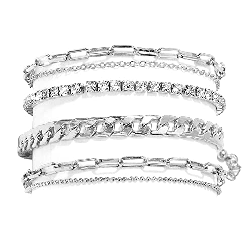 FFWTPY 3-4Pcs Fußkettchen für Damen Set I 14K VergoldetesI I Boho Strand Fußkettchen Lagenkette Damen Fußschmuck Verstellbar Zierliches Fußkettchen,auch als Armband Schmuck (Silber) von FFWTPY