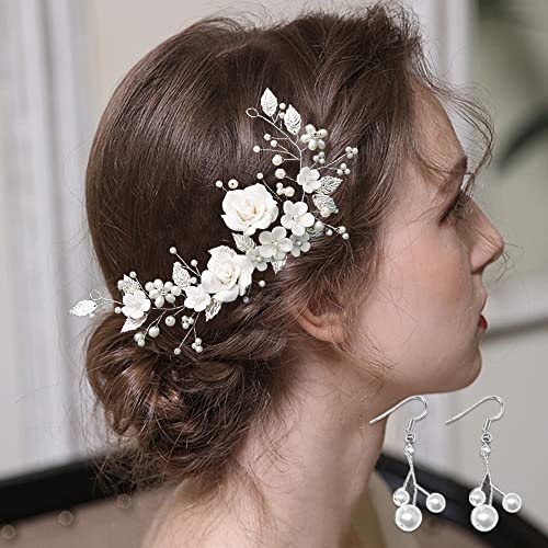 Blumenhaarschmuck für Bräute, Perlen Haarschmuck Haar Rebe Kristall Hochzeit kopfschmuck Blume Blatt Haarband Tiara, Hair Accessoires Headpiece für Frauen und Mädchen (Silber) von FFWTPY