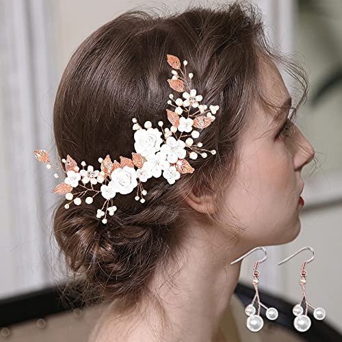 Blumenhaarschmuck für Bräute, Perlen Haarschmuck Haar Rebe Kristall Hochzeit kopfschmuck Blume Blatt Haarband Tiara, Hair Accessoires Headpiece für Frauen und Mädchen (gold) von FFWTPY