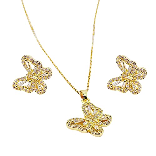 Braut Hochzeit Schmuckset für Damen,Kristalle Schmetterling Halskette und Ohrringe Set,Strass Anhänger Schmuck Set,Zirkonia Schmuck für Frauen Valentinstag Jahrestag Geburtstag (Gold) von FFWTPY