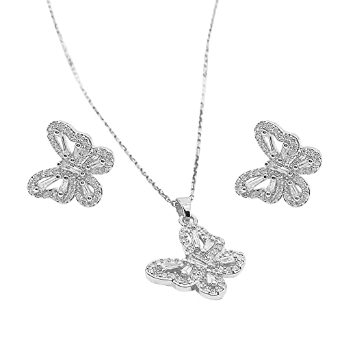 Braut Hochzeit Schmuckset für Damen,Kristalle Schmetterling Halskette und Ohrringe Set,Strass Anhänger Schmuck Set,Zirkonia Schmuck für Frauen Valentinstag Jahrestag Geburtstag (Silber) von FFWTPY