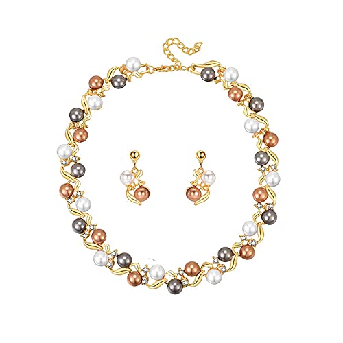 Braut Schmuckset für Damen Perle Strass Halskette Ohrringe Set Silber Perlenkette Perlenohrringe Perlen Pendent Gold Hochzeit Schmuck Set für Frauen Brautschmuck Set Perlenschmuck Set (Gold) von FFWTPY