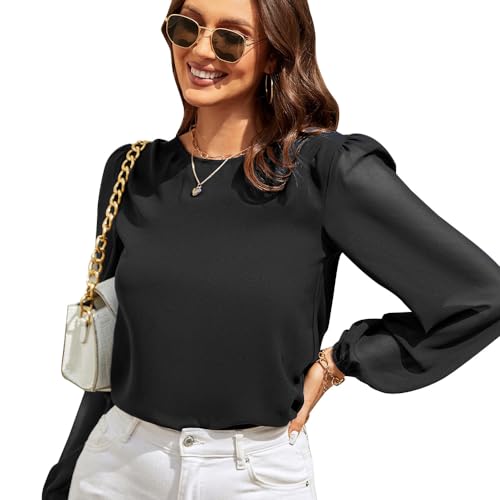 Damen Chiffon Bluse Tops Casual Langarm T-Shirts mit V-Ausschnitt Casual Mesh Langarmshirt Elegant Volant Ärmel Tunika Hemd Top Shirt Tops von FFWTPY