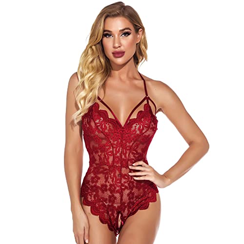 Damen Sexy Body Dessous Halfter Spitze Nachtwäsche Bodysuit Babydoll Teddy Erotische Reizwäsche Negligee V-Ausschnitt One Piece Lingerie Nachthemd Unterwäsche Sleepwear von FFWTPY