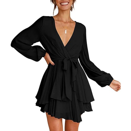 Damen Sexy Langarm Kleid V-Ausschnitt Wickelkleid Partykleid Tunika Kleider Einfarbig Elegant Cocktailkleid Casual Swing Skater Kleid Mini Kleid Abendkleider Rüschenkleid mit Gürtel Damen Sexy Langarm Kleid V-Ausschnitt Wickelkleid Partykleid Tunika Kleider Einfarbig Elegant Cocktailkleid Casual Swing Skater Kleid Mini Kleid Abendkleider Rüschenkleid mit Gürtel von FFWTPY