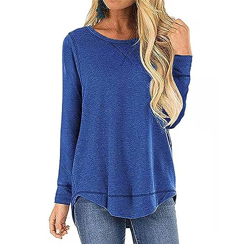 Damen Tshirt Langarm Rundhals Langarmshirt Einfarbig Basic Oberteile Schlitz Freizeit Longshirt Elegant Casual Lose Pullover Shirts Bluse Tunika Tops von FFWTPY