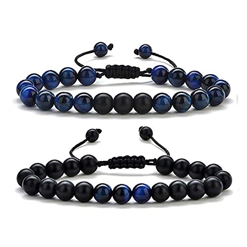 FFWTPY Naturstein Armband Verstellbar Makramee Tigerauge Perlenarmband Blau Schwarz Handgeknüpft Unisex Schmuck von FFWTPY