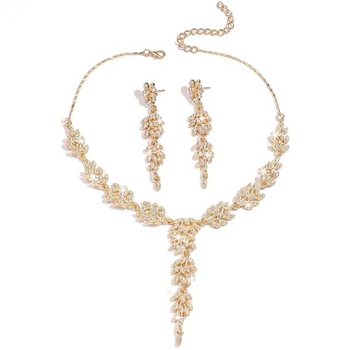 FFWTPY 2 Stück Blatt Schmuckset Kristall Halskette Ohrringe Brautschmuck Hochzeit Damen Elegant Glänzend Schmuck Set von FFWTPY