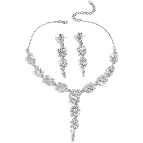 FFWTPY 2 Stück Blatt Schmuckset Kristall Halskette Ohrringe Brautschmuck Hochzeit Damen Elegant Glänzend Schmuck Set von FFWTPY