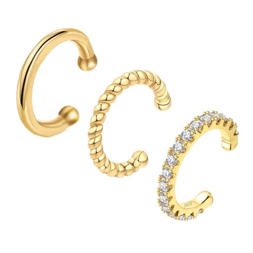 FFWTPY 3 Paar Ohrringe Set 925 Silber Ear Cuff Set Helix Knorpel Creolen Ohrmanschette Ohne Ohrloch Wickelohrring 14K Vergoldete Ohrringe Ohrklemme für Damen Mädchen Herren von FFWTPY
