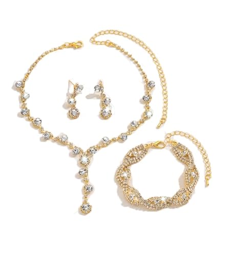 FFWTPY 3 Stück Schmuckset Tropfen Kristall Halskette Ohrringe Armband Strass Glitzer Damenschmuck Hochzeit Brautschmuck Abendschmuck Elegant von FFWTPY