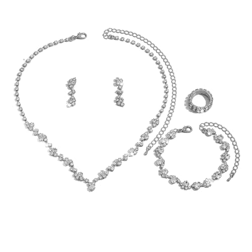 FFWTPY 4 Stück Schmuckset Kristall Halskette Armband Ohrringe Ring Strass Glänzend Elegant Damen Schmuck Hochzeit Braut Jubiläum von FFWTPY