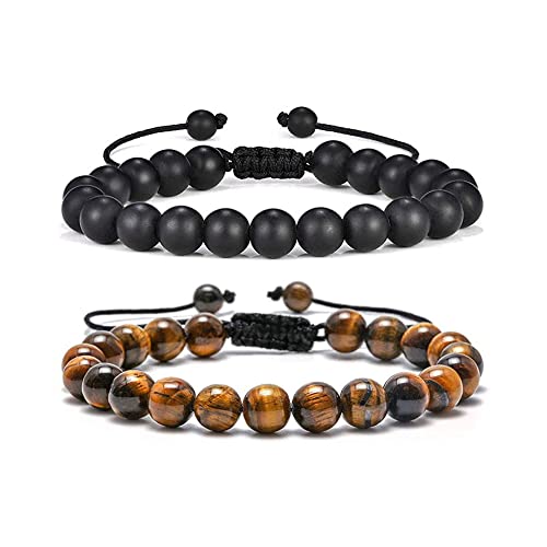 FFWTPY 9MM Naturstein Armband für Herren und Damen Verstellbares Chakra Perlenarmband Tigerauge Vulkanstein Armkette Armband Schmuck set Geschenk für Familie Freunde Geburtstag von FFWTPY