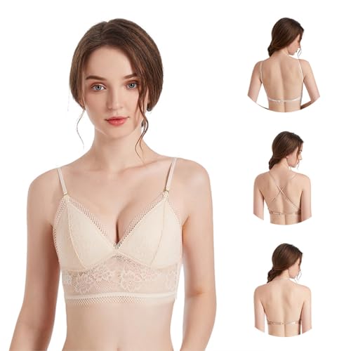 FFWTPY Damen BH mit Niedrigem Rücken Tiefer V-Ausschnitt BHS Push Up Tiefer U-förmiger BH Multiway-Träger Wandelbarer BH mit Floralem Spitzen für Rückenfreie Kleider Abendkleider Ballkleider von FFWTPY