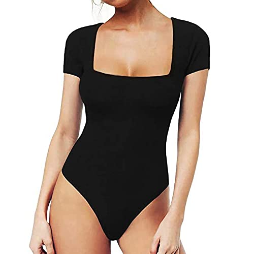 FFWTPY Body Damen Kurzarm Bodysuit Quadratischer Ausschnitt Bodys Oberteil Elegantes Shapewear Blusenbody Kurzarmbody Tanga Unterziehbody für Alltag Büro Party von FFWTPY