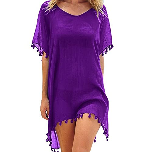 FFWTPY Damen Strandkleid, Chiffon Sommer Strandponcho, Badeanzug Bikini Cover-Ups mit Quasten, Boho Strandtunika, Transparent Strandurlaub Badeanzug, Bikini Beachwear (lila) von FFWTPY