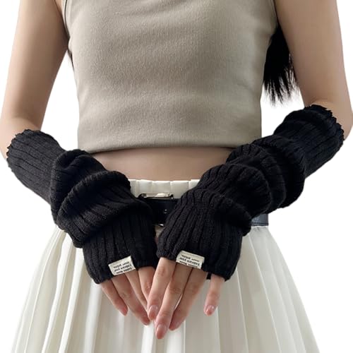 FFWTPY Fingerhandschuhe Damen Armstulpen Damen Winter Halb Fingerlose Handschuhe Warm Gestrickte Handschuhe Für Damen Fingerhandschuhe Damen Handwärmer Stulpen Fäustlinge Damen(Schwarz) von FFWTPY