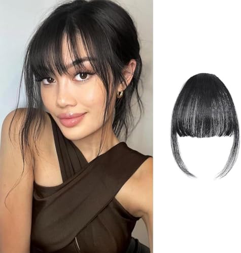 FFWTPY Haarschmuck Bangs Clip Remy Echthaar Fringe mit Schläfen One Piece Haarteil Extensions Natürliche Bang with Tempel Haarteile Haarverlängerung für Frauen (Schwarz) von FFWTPY